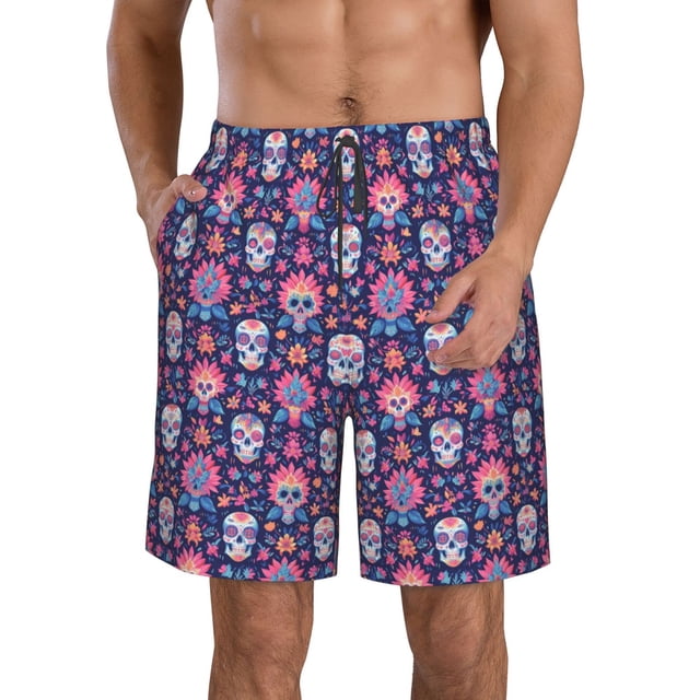 Balery leaf flower Skull colorful Traje de Baño Estilo Hawaiano para Hombre, Shorts de Secado Rápido con Bolsillos-Medium