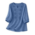 thumbnail image 4 of Wutalume Women's 3/4 Sleeve Linen Top - Casual V-Neck Button Down Shirt in Solid Color, 3/4 Sleeve Blouses for Women, Womens Summer Tops Breathable,Blue XL, 4 of 4