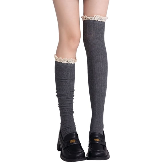 Womens Cotton Boot Socks Sweet Lolitas Frilly Thigh High Stockings Lace Trim Over Knee Stockings JK Students Girls Socks