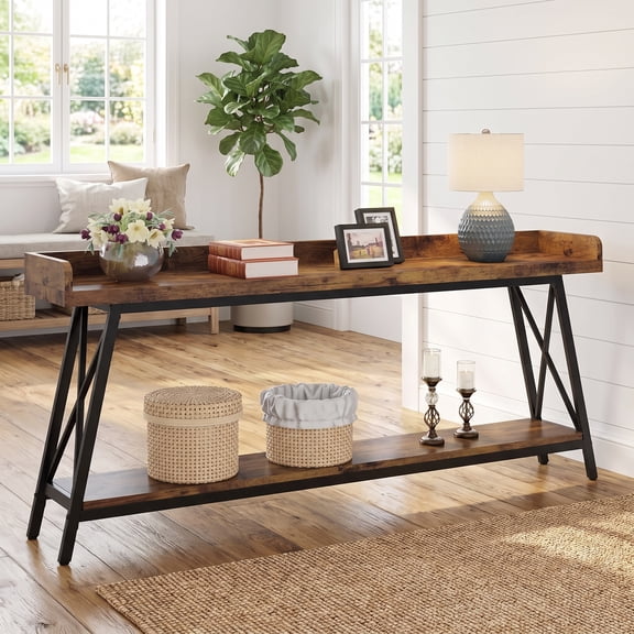 Fnova 70.9" Industrial Console Table, 2-Tier Rustic Extra Long Entryway Table, Narrow Sofa Bar Table for Living Room, Hallway, Entryway