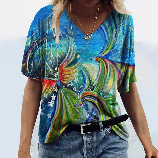 SMihono Hauts pour Femmes Été Décontracté Mode Féminine T-shirt Imprimé Manches Courtes Blouse Col Rond Hauts Décontractés T-shirt Oversize pour Femmes 2023