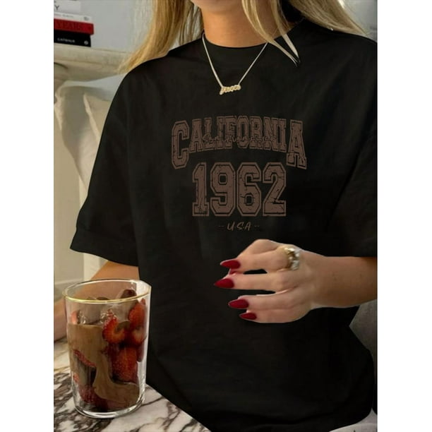 1pc Vintage California 1962 Graphic Tee, Women'S Casual Round Neck Short Sleeve T-Shirt, Polyester Knit Summer Top with Geometric Pattern