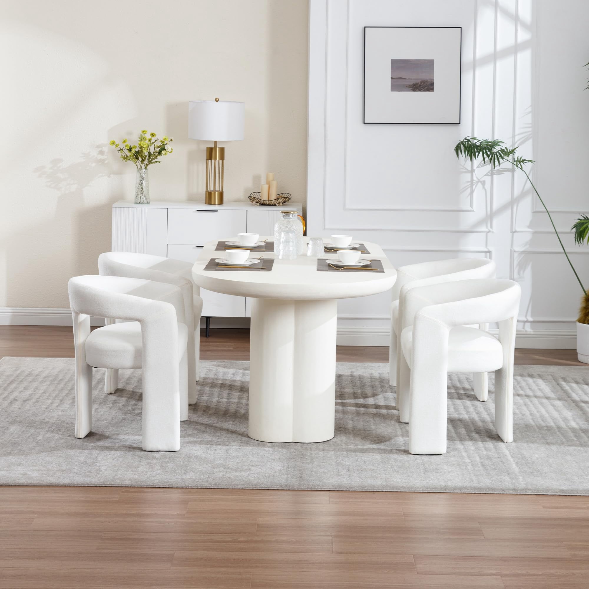 Tmsan Beige Modern Boucle Kitchen Chairs,Multipurpose Comfy Accent Armchair for Dining Room Living Room,2 Set Upholstered Barrel Kitchens Chair,Beige