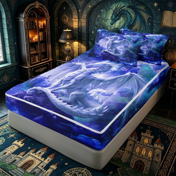 Erosebridal Cosmic White Dragon Print Zipper Twin Comforter Sets with Fitted Sheet and 2 Pillowcases,Nebula Cloud Star Accent Zipper Bedding Set,Blue White,4-Piece,Black Reversible