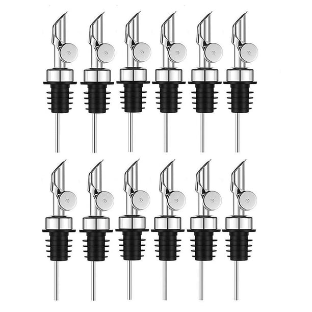 Dispensador de aceite de oliva con pico vertedor de acero inoxidable con peso para botellas de licor, dispensador de aceite con tapa abatible automática (plata, 12 unidades)