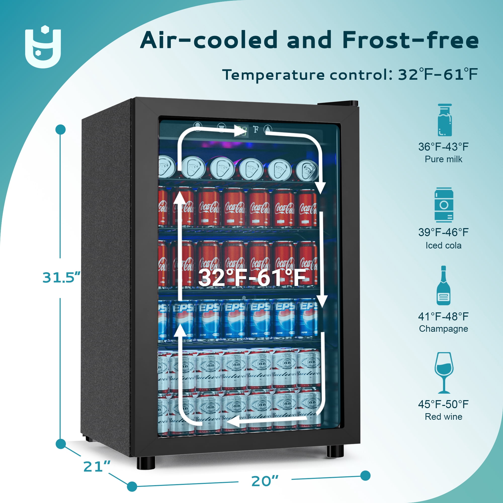 EUHOMY 150 Can Beverage Refrigerator and Mine Cooler with Glass Door with Adjustable Shelves