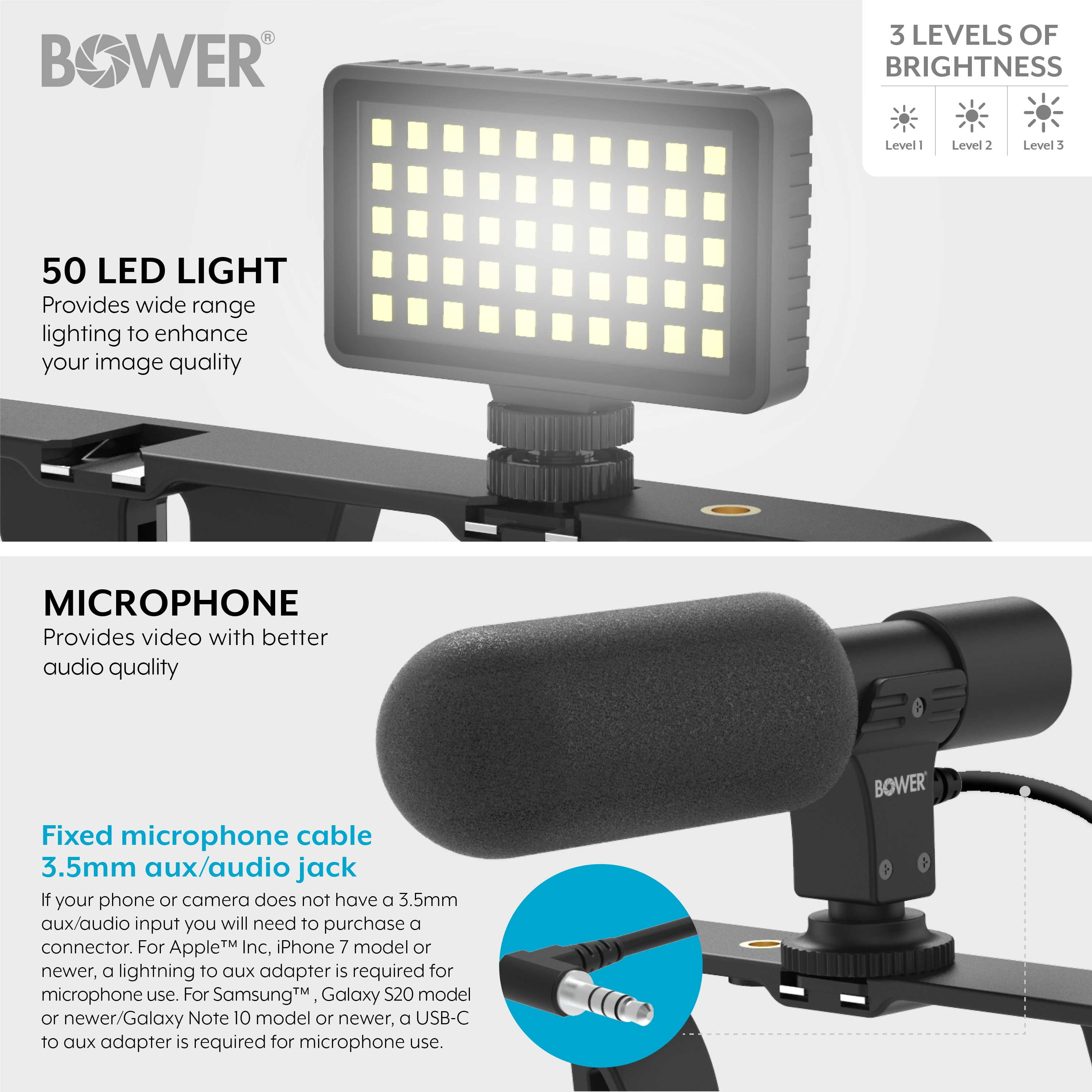 Bower Ultimate Vlogger Pro Kit with Smartphone Rig, HD Microphone, 50 LED Light, 3 Diffusers / Filters, and Shutter Remote