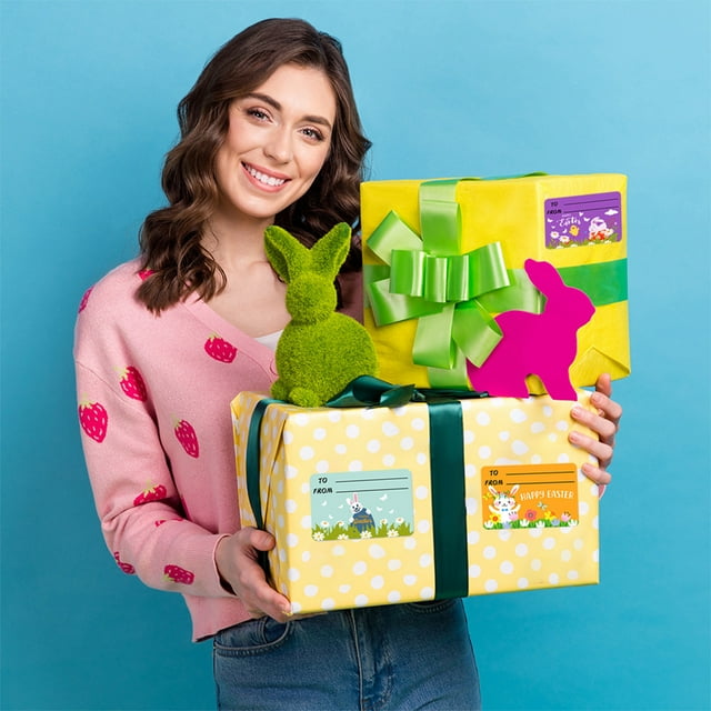 Fiudx Pegatinas de Pascua, Paquete de 80 Etiquetas de Regalo, Bonitos Diseños de Huevos de Conejito, Pegatinas Autoadhesivas para Manualidades, Fáciles de Usar para Decorar Regalos, Perfectas para Ce