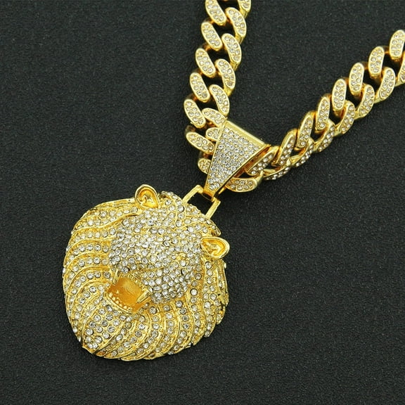 1Pcs golden lion head pendant with full diamonds, Cuban chain attached
