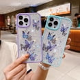 thumbnail image 5 of Compatible with iPhone 15 Pro Butterfly Case Cute Bling Glitter Stars Transparent Clear Design Girly Women Girls Soft TPU Lens Protection Luxury Shockproof Shockproof Cover, Purple, 5 of 13