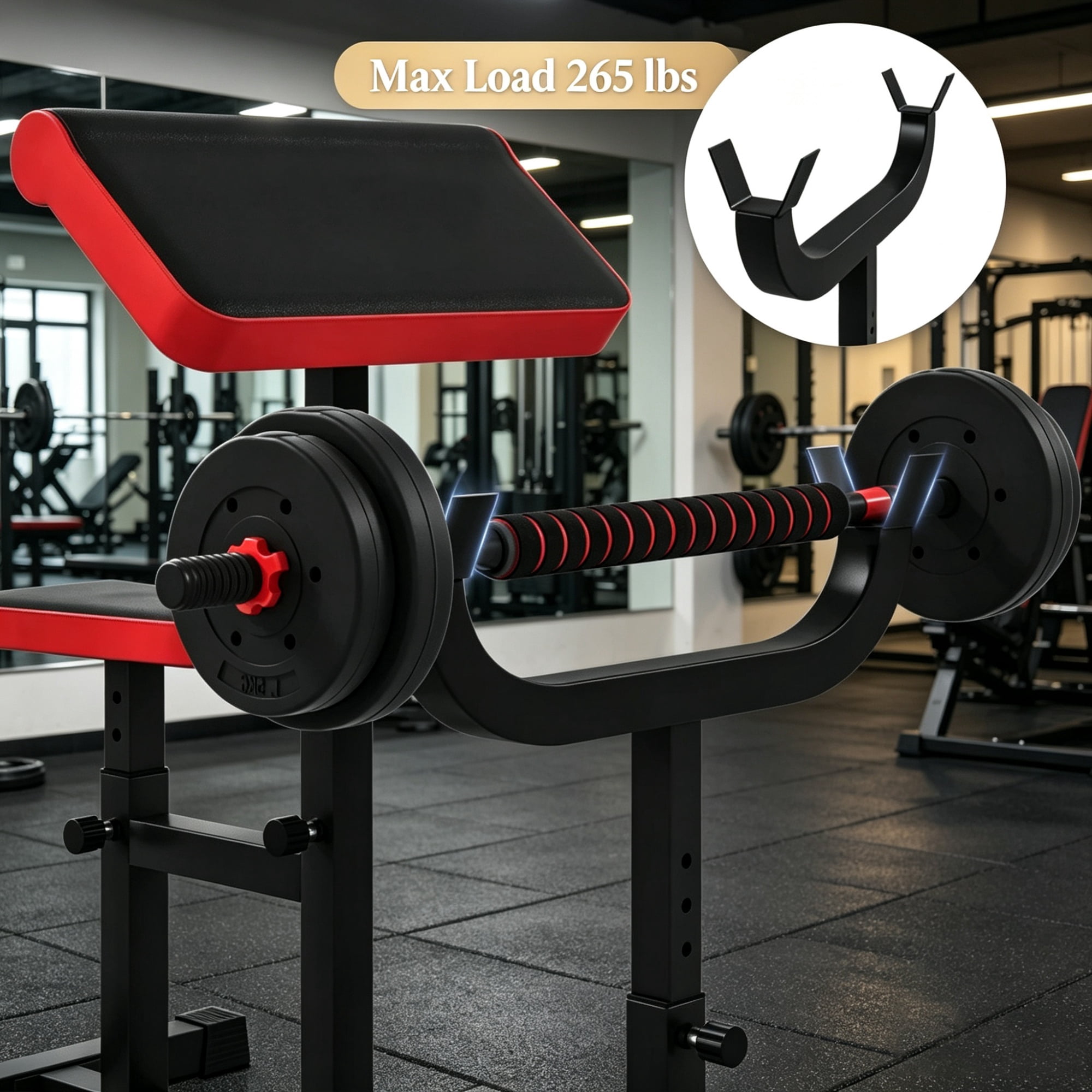 265 LBS Black Preacher Curl Bench, Adjustable Seated Arm Isolation Station for Barbell Dumbbell Bicep Strength Training