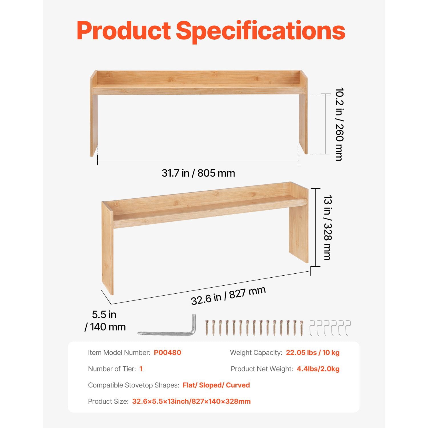 Over the Stove Spice Rack, Compatible with Multiple Stovetop Types, 6 Hooks, Supports 22 lbs, Varnish-Coated Surface, Space-Saving Kitchen Organizer
