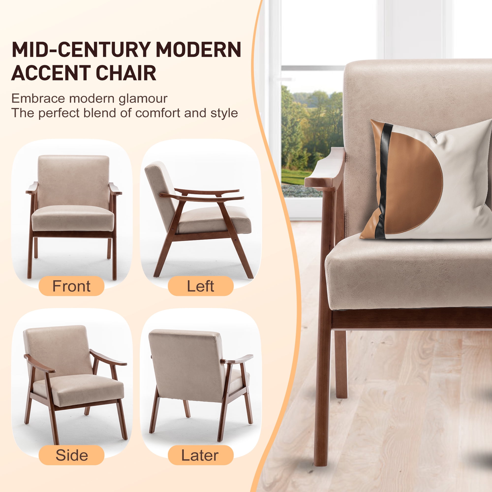 Mid-Century Modern Accent Chair,Velvet Upholstered Arm Chair with Solid Wood Frame & Extra-Thick Backrest,Single Sofa Armchair for Living Room, Bedroom, Balcont,Light Camel