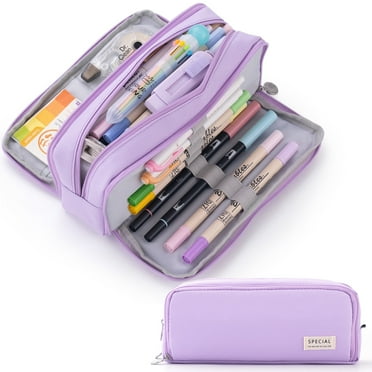 CICIMELON Pencil Case Large Capacity 3 Compartments Pen Pouch Bag for Students Girls Adults Women (Purple)