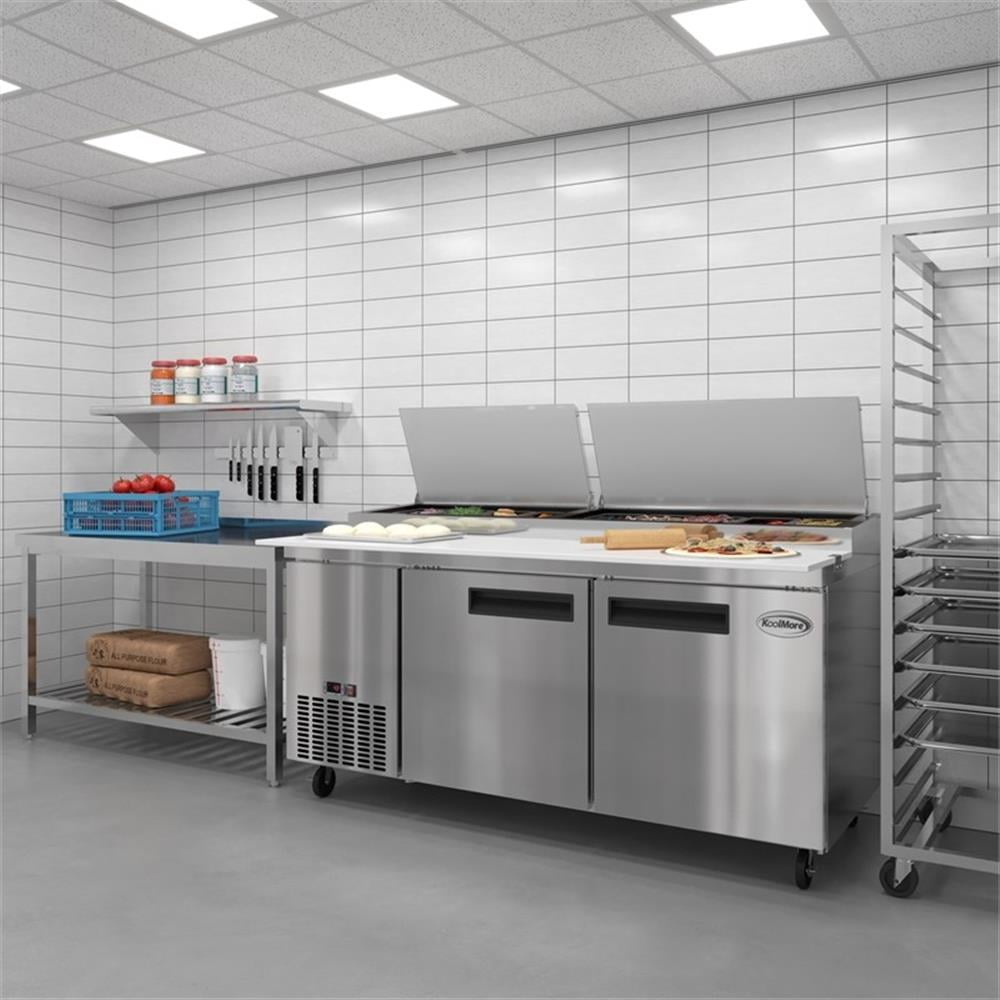 Pemberly Row Silver 71" Two Door Commercial Pizza Prep Refrigerator in Steel