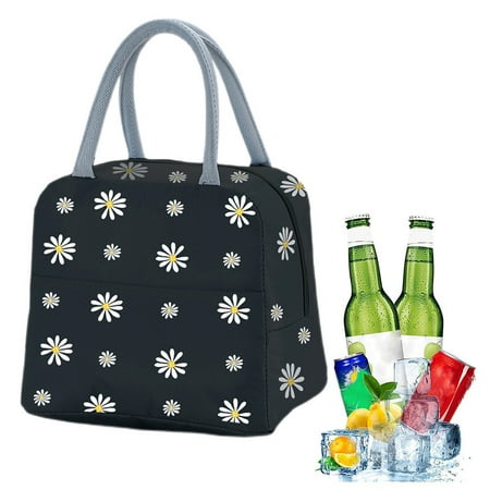 

Daisy Flower Insulated Lunch Bags Reusable Lunch Boxes Waterproof Tote Bag Lunch Containers for Work Office Picnic Outdoor-Black