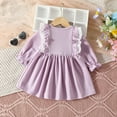 thumbnail image 4 of Vestido de manga larga con cuello redondo para niña, color liso, cuello redondo, manga A, con volantes, para bebés y niños pequeños, vestido informal de poliéster para niña., 4 of 8