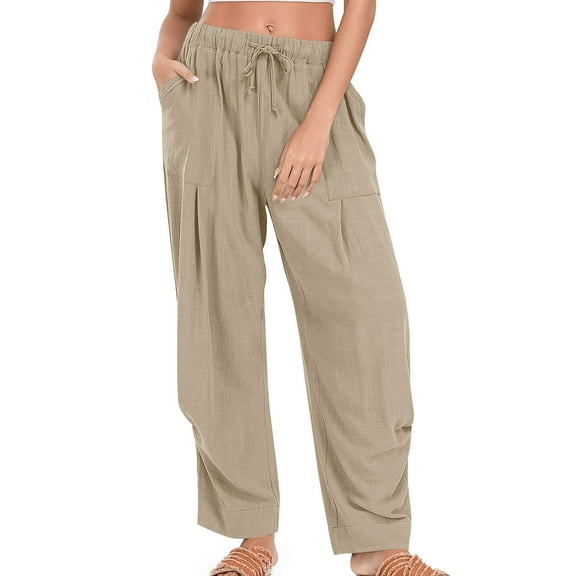 Save On Linen Palazzo Pants for Women Summer Drawstring Elastic Waist Trousers Athletic Track Pants Loose Fitted Drop Crotch Trouser Lounge Baggy Sweatpant Golf Joggers Pants with Pockets