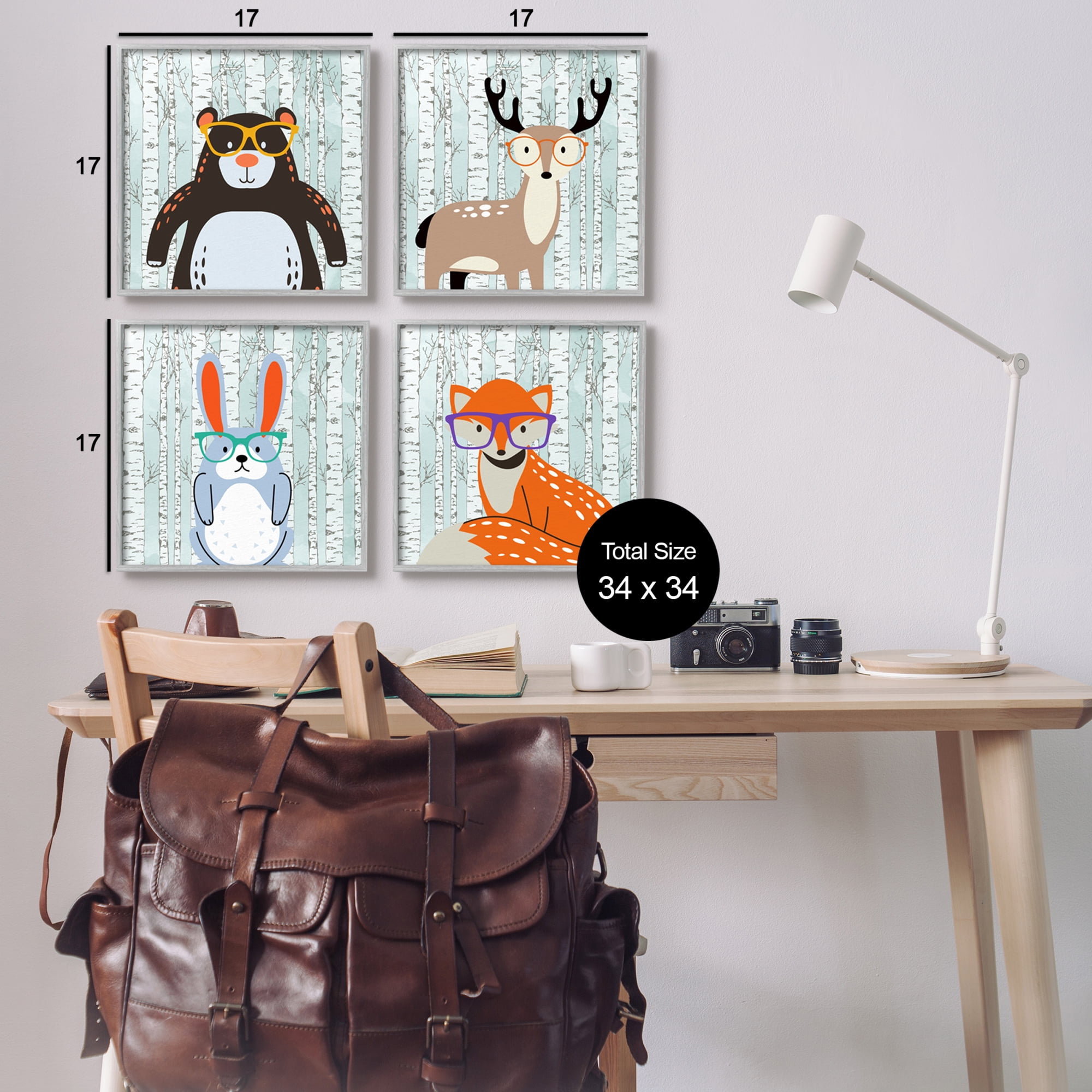 Stupell Industries Woodland Animals in Glasses Animals & Insects Painting Gray Framed Art Print Wall Art, 17 x 17, Set of 4
