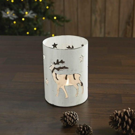 Metal Votive Candle Holder Reindeer White 6x4.25x4.25