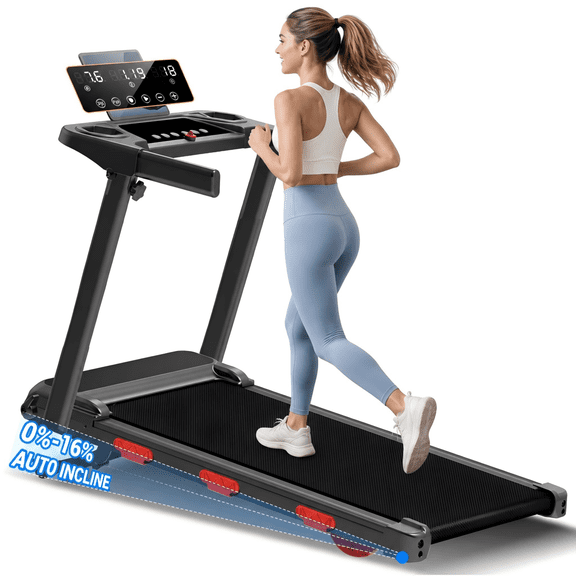 BOGYKIK Folding Treadmill with 16% Auto Incline, 3.0HP Quiet Motor Portable Running Machine for Home Apartment