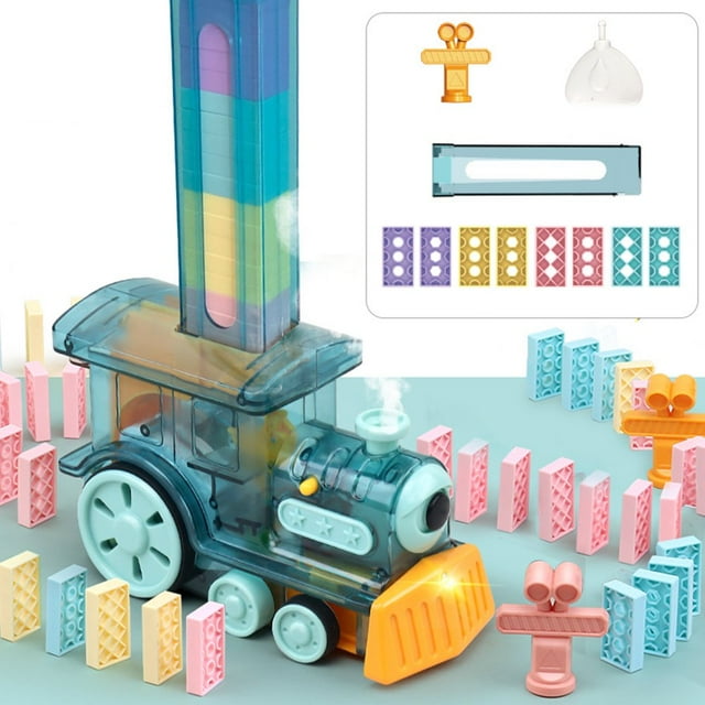 80Pcs Automatic Domino Train Set Electric Dominos Train Blocks Set with Light Sound Steam Function Domino Brick Laying Toy Train Educational Game for Kids Age 3-12 Gift