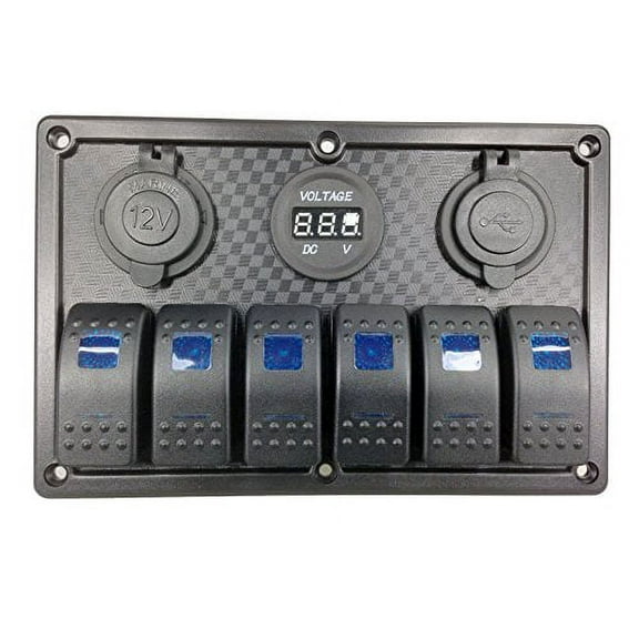 Pactrade Marine Car RV Boat 6 Gang Blue LED Rocker Switch Panel USB Voltmeter