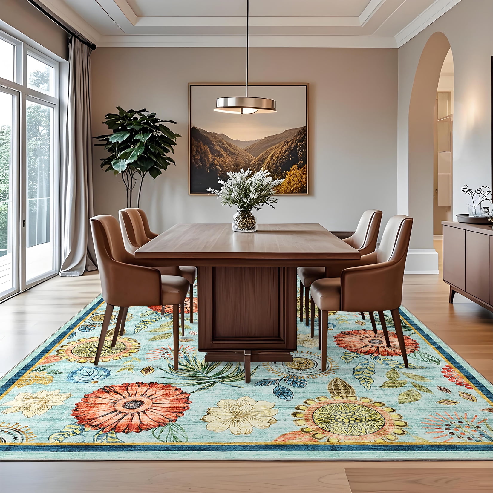HOMERRY Floral Print Non Slip Area Rug 9' x 12' for Living Room Washable Indoor Carpet, Blue