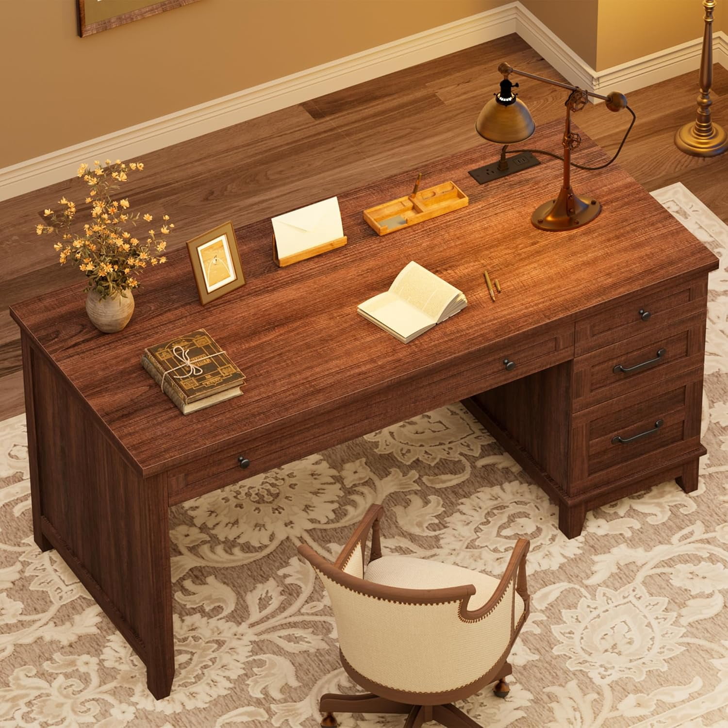 M optimized Wood Executive Desk with Power Outlet, Home Office Desk with Drawers, Work Desk with File Cabinet, Computer Desk for Work, Study, Writing