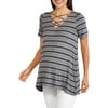 Maternity Short Sleeve Yarn-Dye Stripe Swing Tee with Lace-Up V-neck Knit
