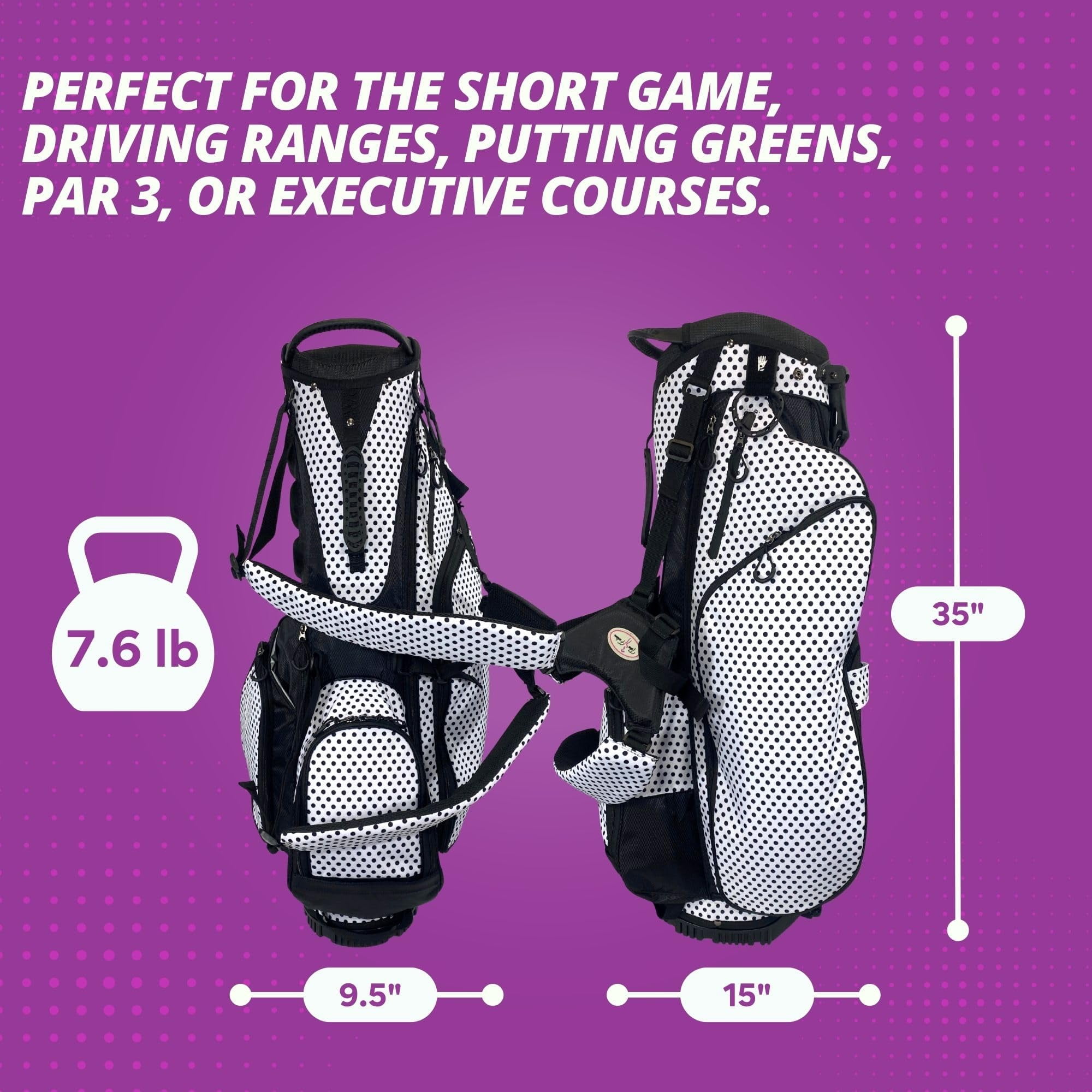 Women's Lightweight 4-Way Women's Golf Stand Bag | Taboo Fashions Stand Bag | Range Bag, Par 3, Executive Course | Self Flexing Stand, Adjustable Strap (Black Tie Polka Dots)