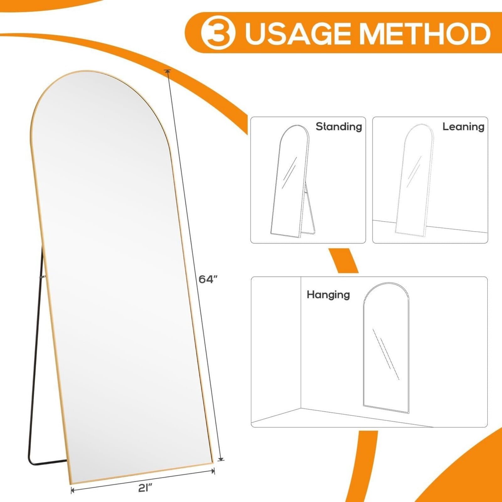 Gleamira 64"x21" Arch Full Length Mirror Floor Mirror Free Standing Mirror with Metal Frame, Gold