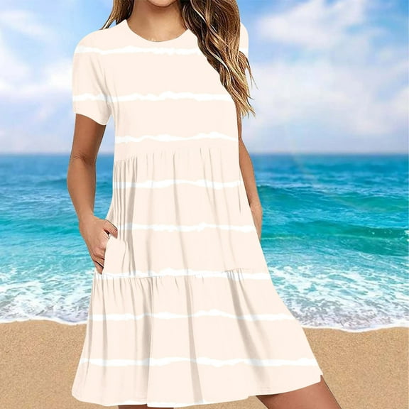 Women's Summer Casual Short Sleeve T Shirt Dress Tiered Mini Dresses With Pockets
