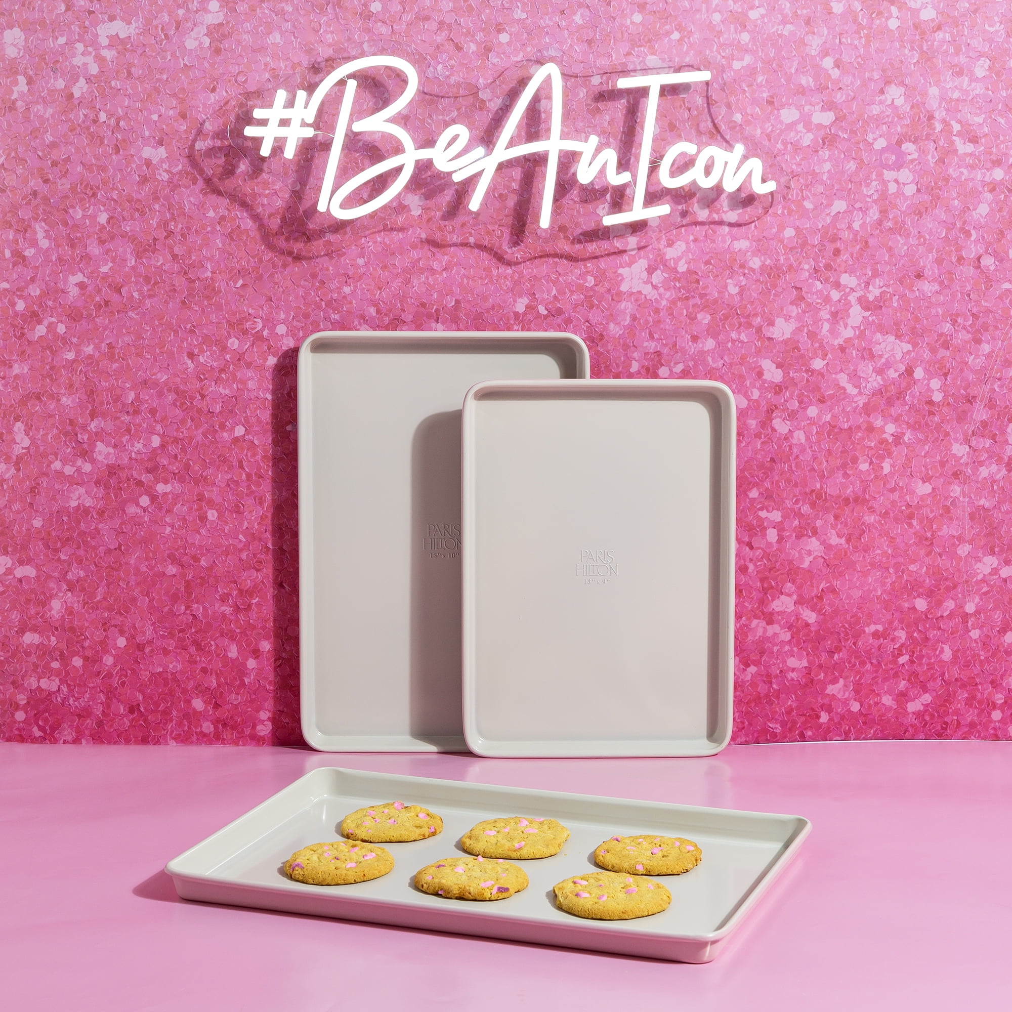 Paris Hilton 3-Piece Nonstick Cookie Sheet Pan Bakeware Set, Carbon Steel Baking Sheets, Dishwasher Safe, Pink