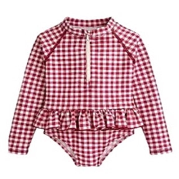JCCXIN Toddler Baby Girls Swimwear Plaid Print Zipper One-Piece Long Sleeve Ruffle Rash Guard Ruffle Summer Adorable Pool Beachwear,Purple,9-12 Months