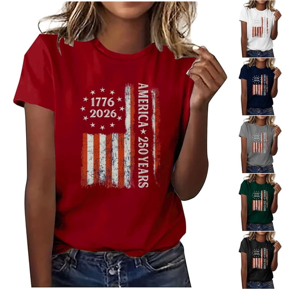 FchengtaiS 250 Anniversary USA Shirt Women 4th of July Shirts Graphic Loose Tops Crew Neck Short Sleeve Pullover Tunics 250th Birthday T-Shirt Patriotic Shirts Tops Green L