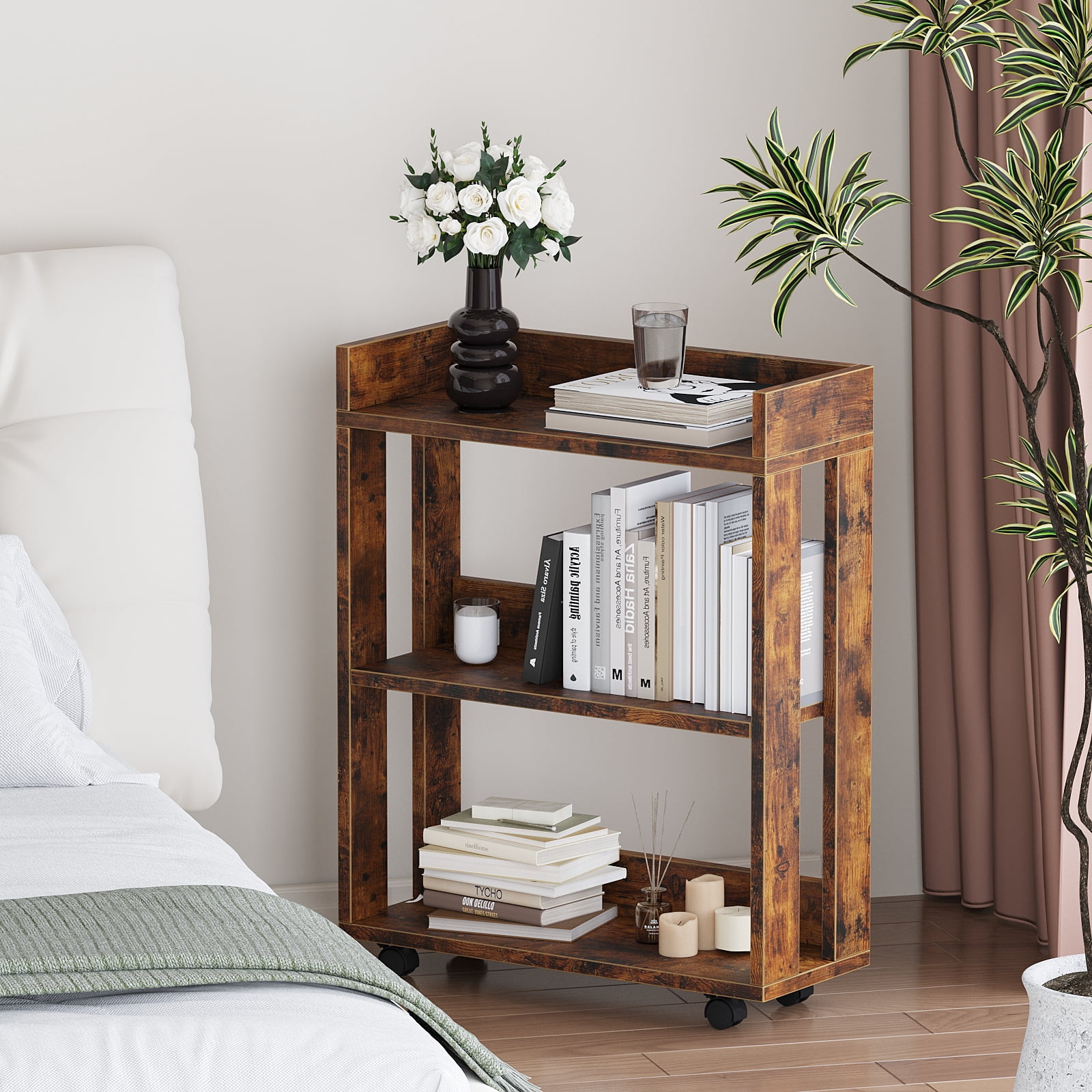 ALISENED 3 Tier Bookshelf and Bookcase with Wheels, Wood Small Nightstand, End Table Storage Rack