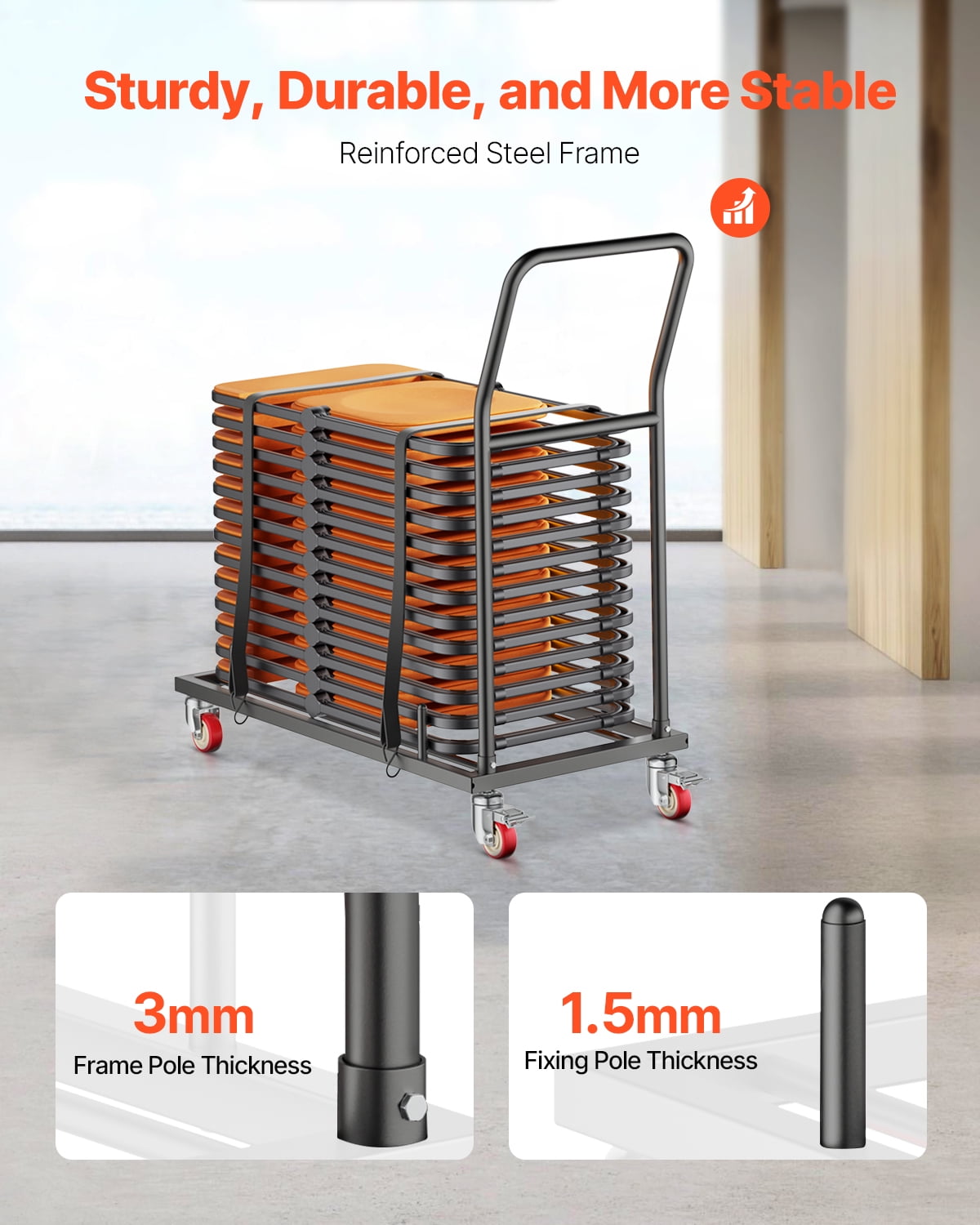 VEVOR Folding Chair Rack, 300 LBS Capacity, L-shape Horizontal Placement Chair Cart for 25 Chairs, Heavy-duty Metal Chair Storage Dolly with Rubber Wheels and Holders,Large Chair Holder,Matte Black