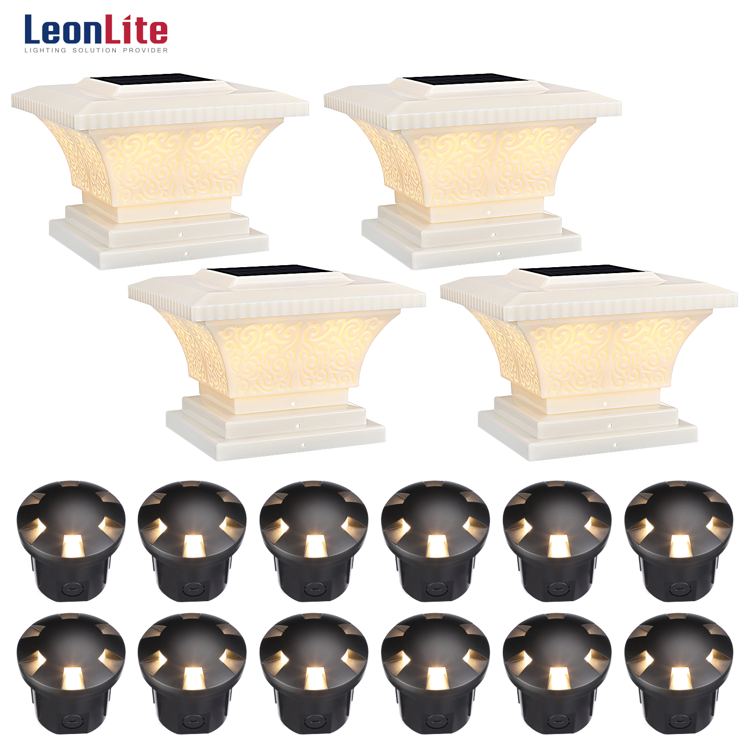 LEONLITE LED Pathway Lighting Kit (4 Pack Solar Post Cap Lights & 12