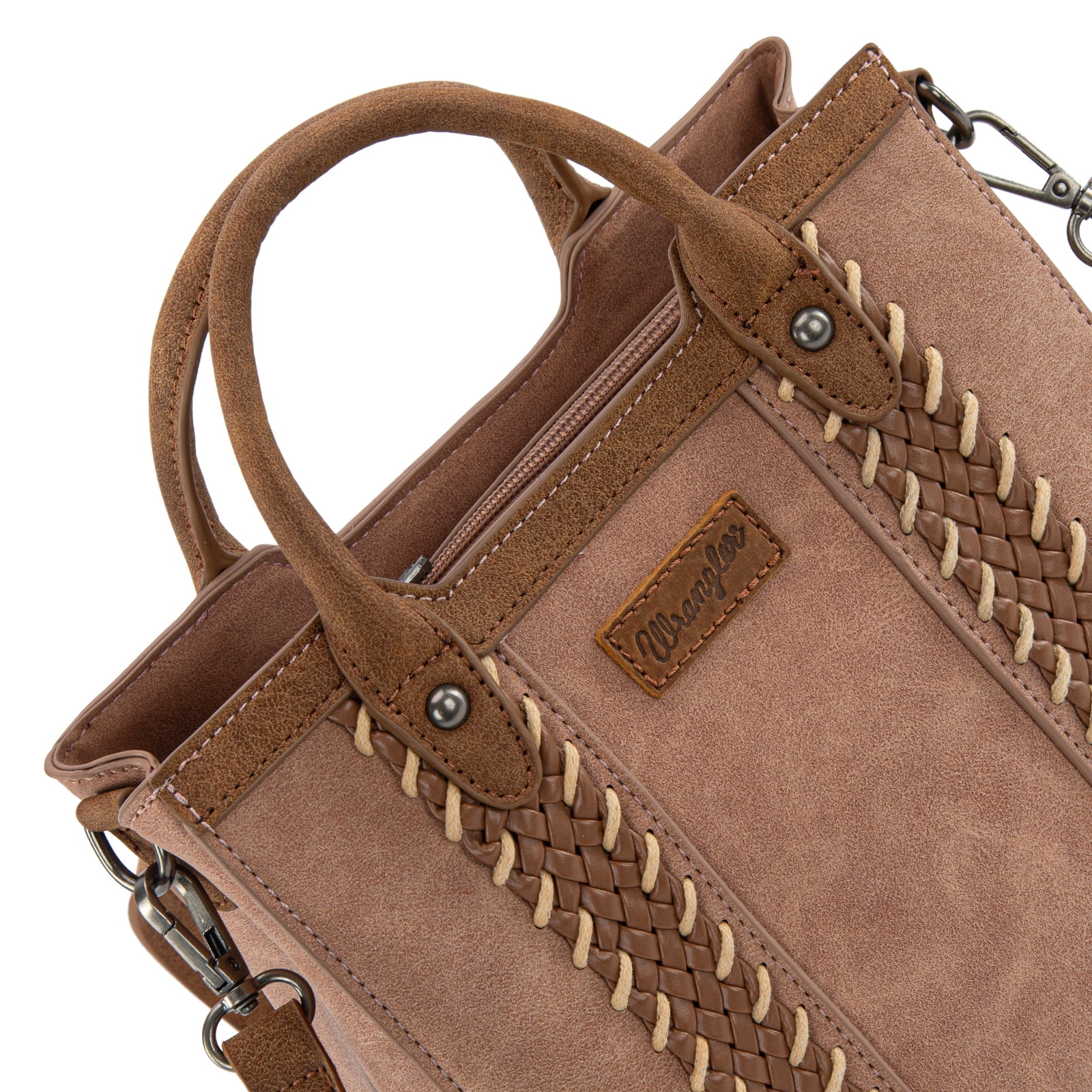 Wrangler Womens Braided Tote Bag Western Style Suede Top Handle Handbag With Detachable Crossbody Strap, Dark Pink