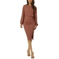thumbnail image 2 of INSPIRE CHIC Women's Ruched Side Slit Lantern Sleeve Slim Fit Ribbed Knit Bodycon Midi Dress S Brown, 2 of 6