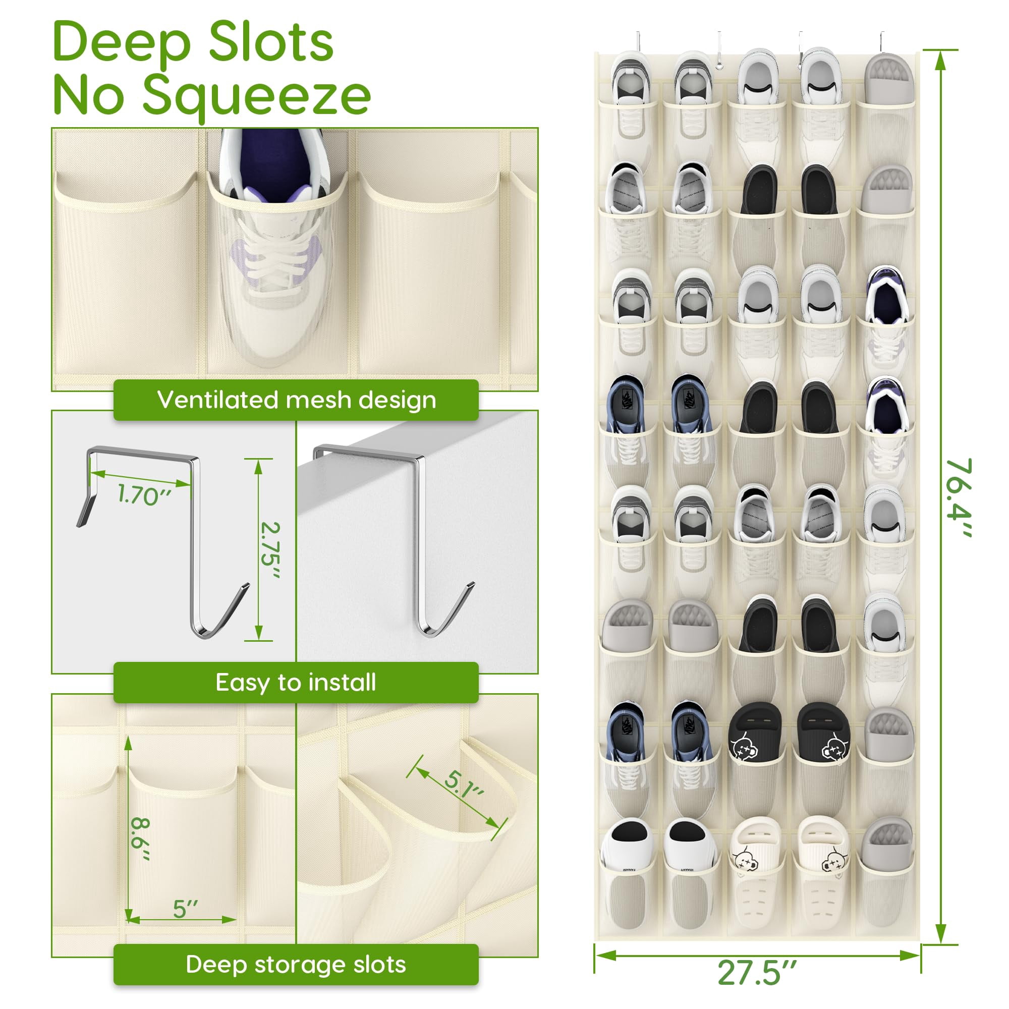 Over the Door Shoe Organizer with 40 Pockets, 18 Travel Shoe Bags & 1 Washing Bag, Hanging Shoe Rack with Breathable Mesh