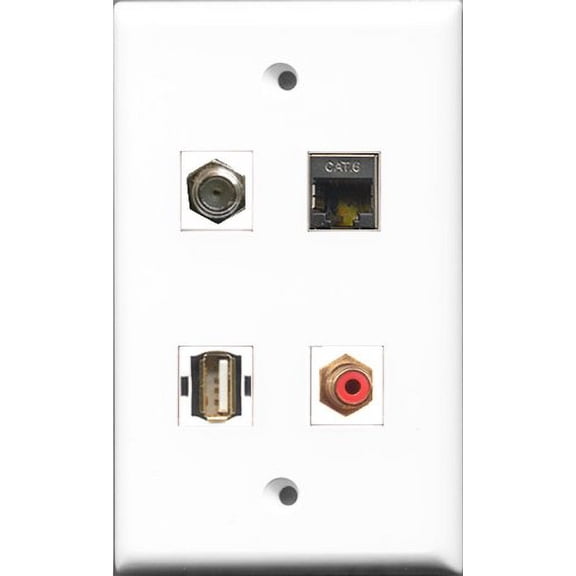 RiteAV 1 Port RCA Red and 1 Port Coax Cable TV- F-Type and 1 Port USB A-A and 1 Port Shielded Cat6 Ethernet Wall Plate