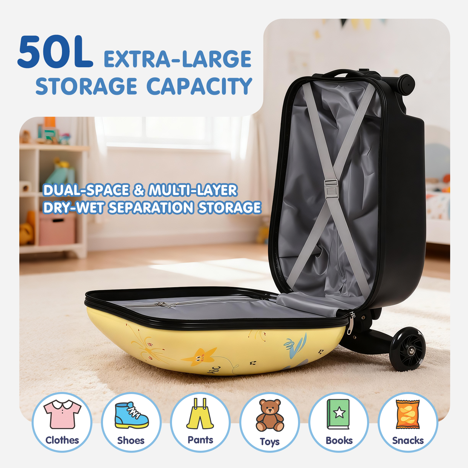 Kids Scooter Suitcase with LED Wheels, Foldable Detachable Ride-On Travel Luggage, Yellow