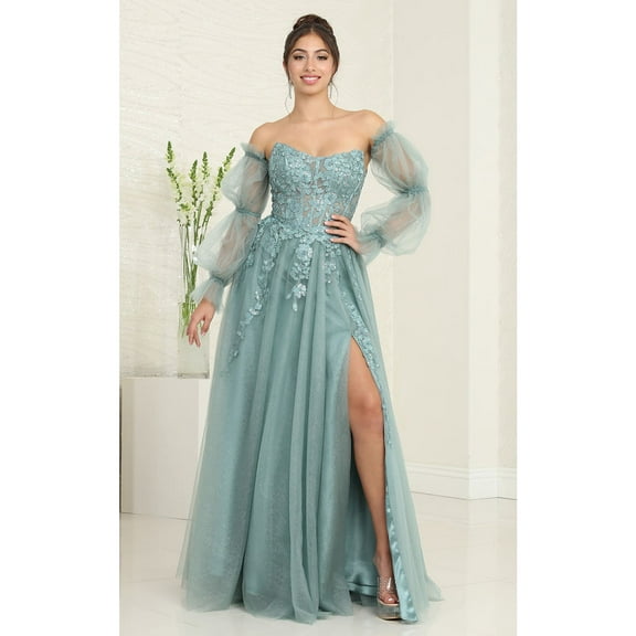Women's Royal Blue Queen RQ8060 Strapless Puffy Detachable Sleeves A-line Sage Green Gown 16