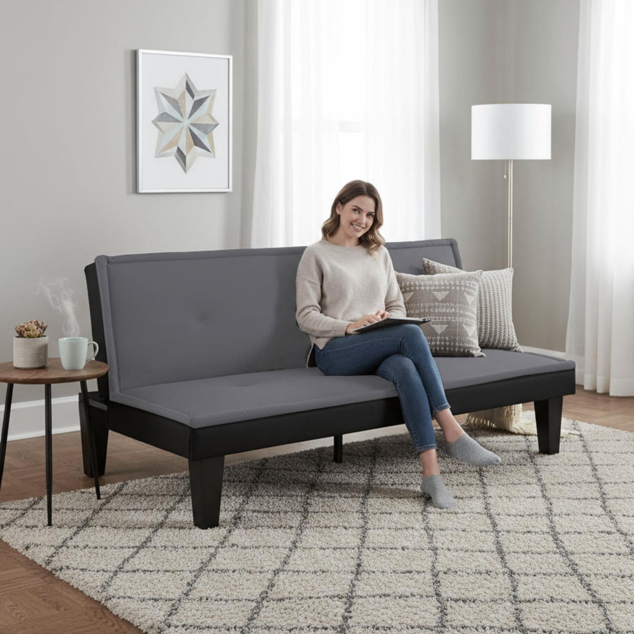 BSHTI 62.99" Faux Suede Upholstered Modern Futon Sofa Bed with Adjustable Back, Tufted Design for Living Room(Dark Gray)