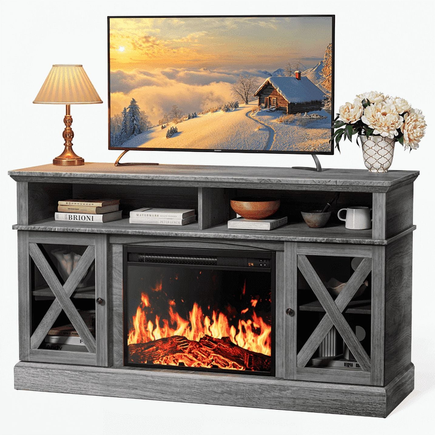Electric Fireplace TV Stand for 75 inch TVs Farmhouse TV Console with 23″ Fireplace, Gray