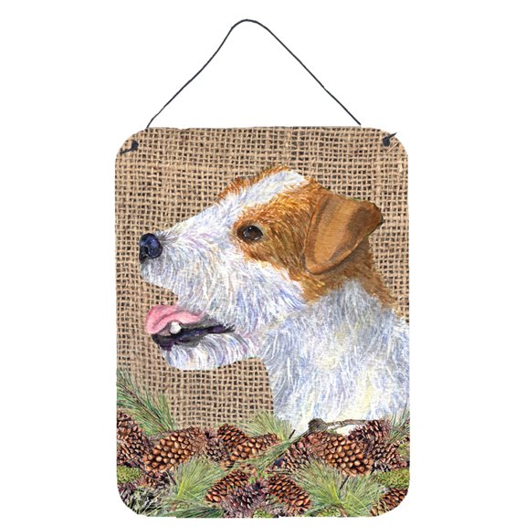 Jack Russell Terrier on Faux Burlap with Pine Cones Wall or Door Hanging Prints