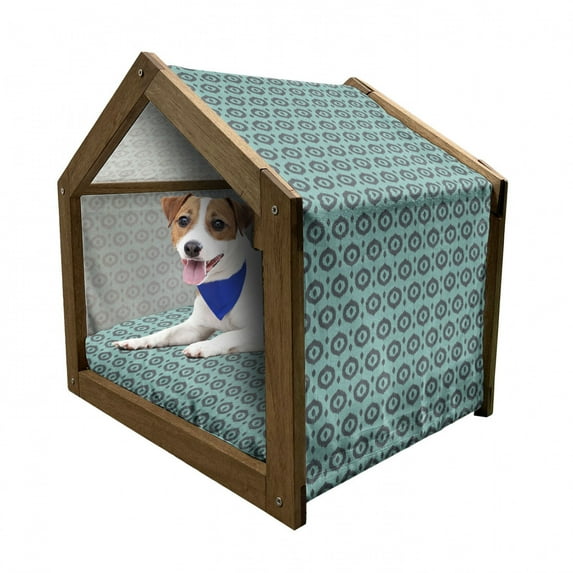 Ikat Pet House, Traditional Elements Abstract Circles and Dots Inspirations Tribal, Outdoor & Indoor Portable Dog Kennel with Pillow and Cover, 5 Sizes, Turquoise Grey, by Ambesonne