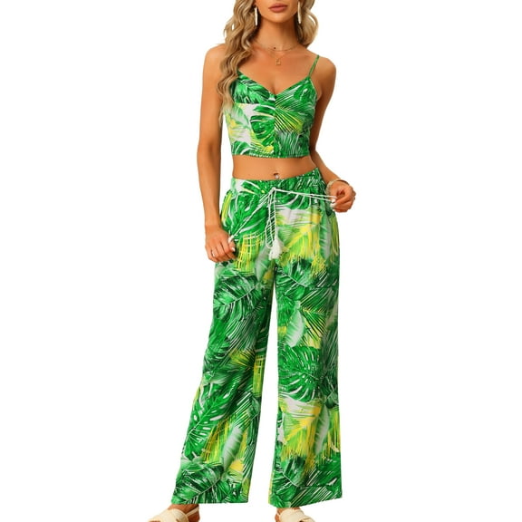 MODA NOVA Two Piece Outfit for Juniors Tropical Print Cami Crop Top Elastic Waist Wide Leg Pants Sets